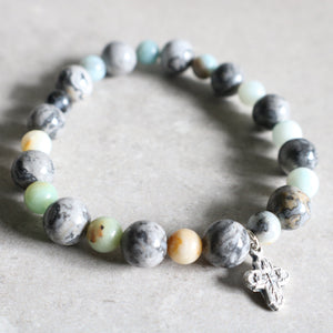 Silver Crazy Lace Agate and Flower Amazonite Bracelet - Women