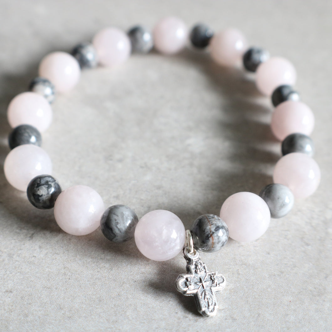 Rose Quartz and Silver Crazy Lace Agate Bracelet - Women