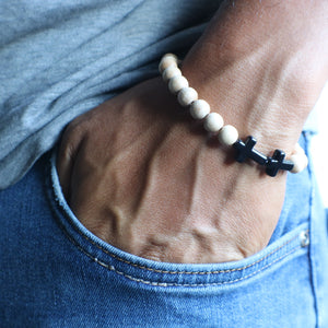 Cross & Wood Bead Rosary Bracelet - Men