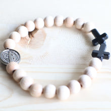 Load image into Gallery viewer, Benedict Medal &amp; Wood Bead Rosary Bracelet - Men