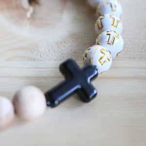 Cross & Wood Bead Rosary Bracelet - Men