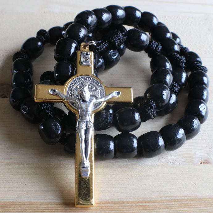 XL Black Paracord Wood Bead Rosary