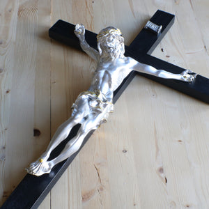 25" Silver Plated Black Wood Wall Crucifix