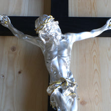 Load image into Gallery viewer, 25&quot; Silver Plated Black Wood Wall Crucifix