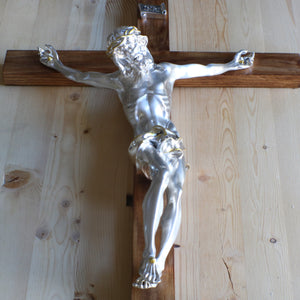 25" Silver Plated Brown Wood Wall Crucifix