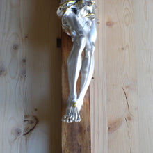 Load image into Gallery viewer, 25&quot; Silver Plated Brown Wood Wall Crucifix