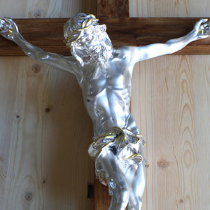 25" Silver Plated Brown Wood Wall Crucifix