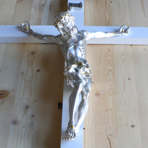 25" Silver Plated White Wood Wall Crucifix
