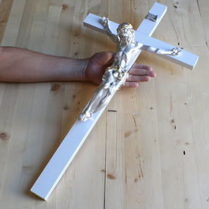 25" Silver Plated White Wood Wall Crucifix
