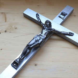 13" Metallic Silver Wood Wall Crucifix
