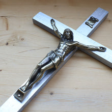 Load image into Gallery viewer, 13&quot; Metallic Silver Wood Wall Crucifix