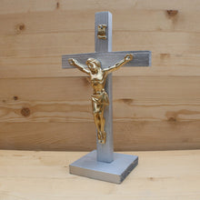Load image into Gallery viewer, 8.5&quot; Metallic Silver Wood Standing Crucifix