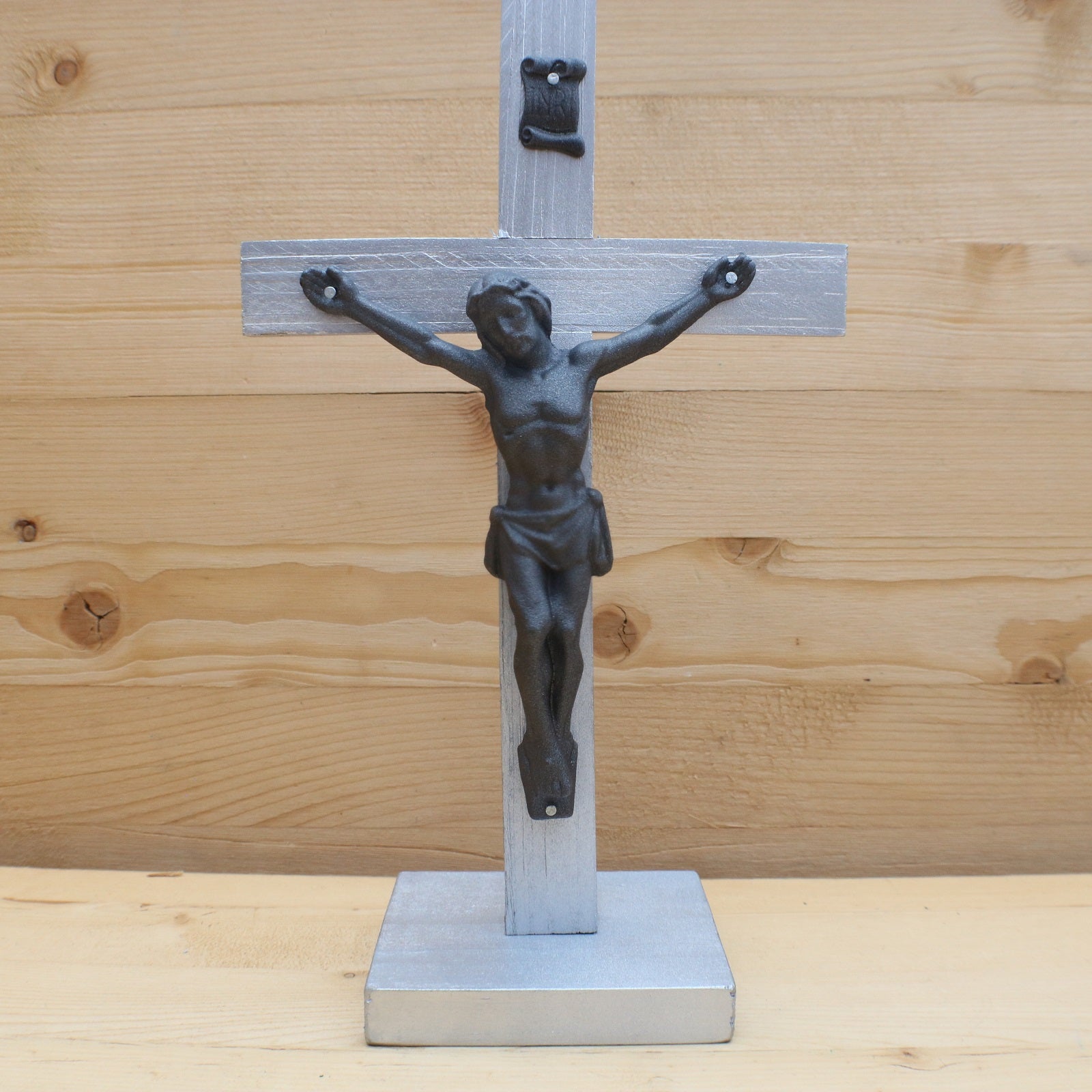 8.5" Metallic Silver Wood Standing Crucifix