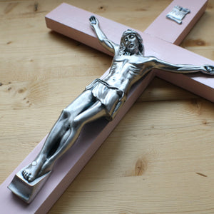 Large 17" Baby Pink Wood Wall Crucifix