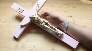 Large 17" Baby Pink Wood Wall Crucifix
