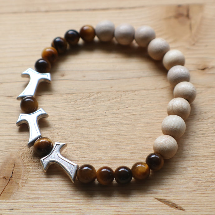 Tau Cross & Tigereye Bead Rosary Bracelet - Unisex