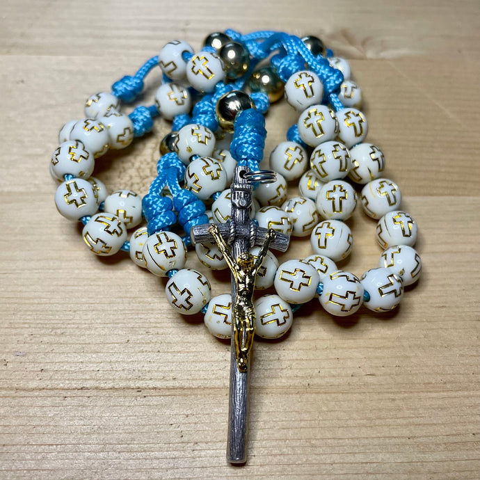 Aqua Paracord - Cream Acrylic Cross & Steel Gold Bead Rosary