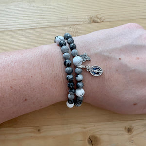 Rosary Bracelet Silver Crazy Lace Agate and White Howlite - Women