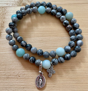 Rosary Bracelet Silver Crazy Lace Agate and Amazonite - Women