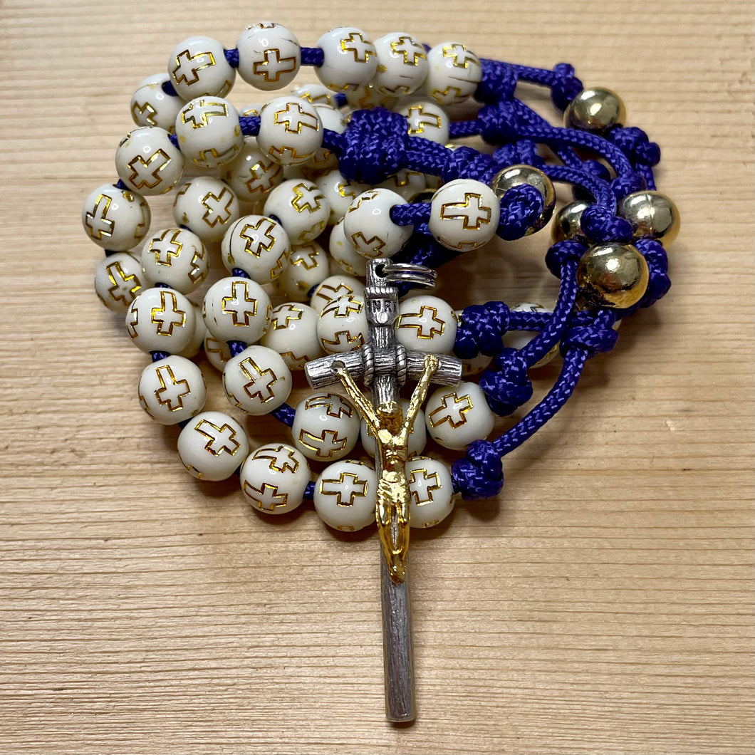 Purple Paracord - Cream Acrylic Cross & Steel Gold Bead Rosary