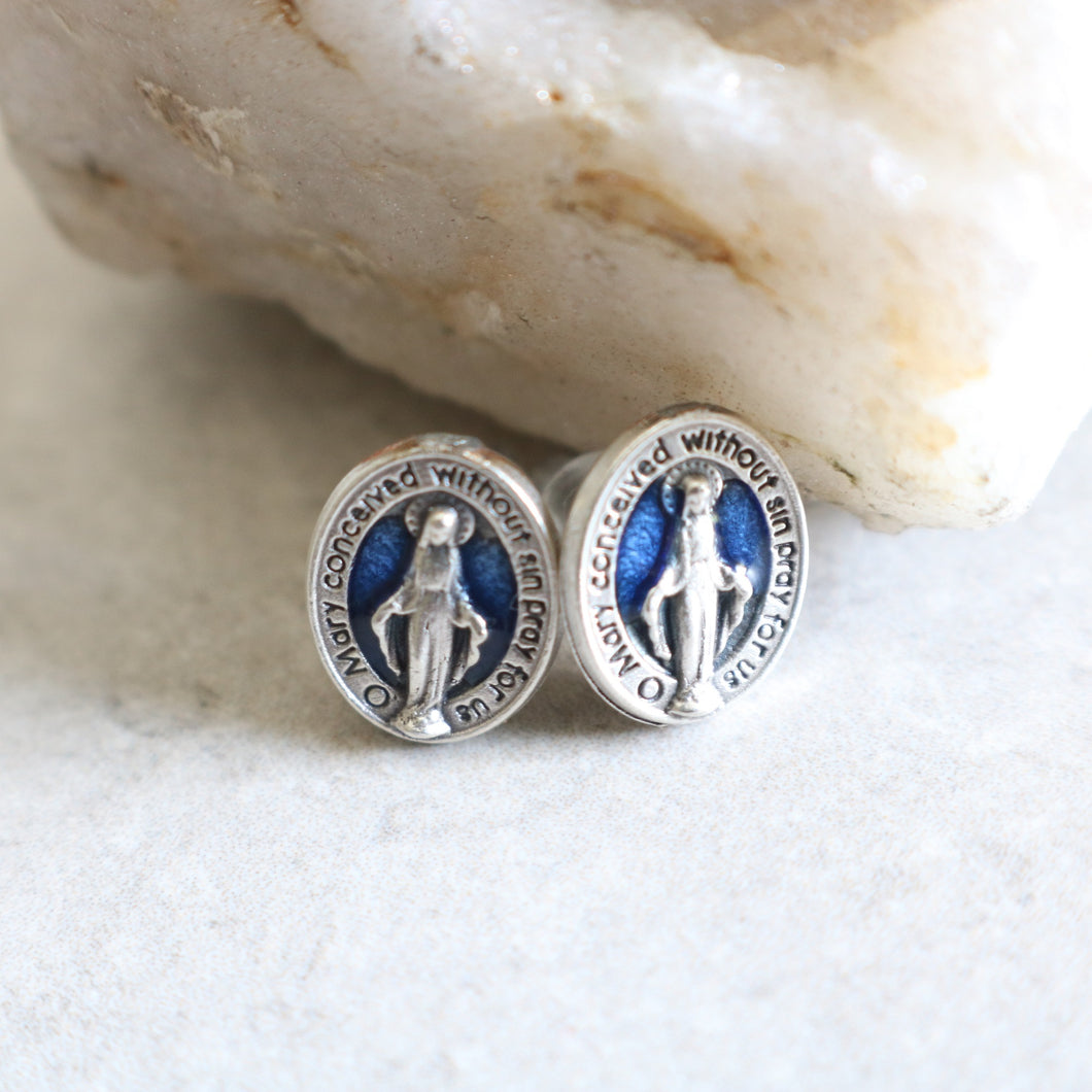 Blue Miraculous Medal - Stud Earrings