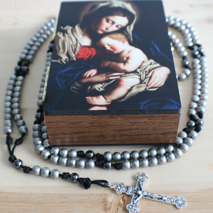 20 Decade Gray Rosary with Keepsake Box